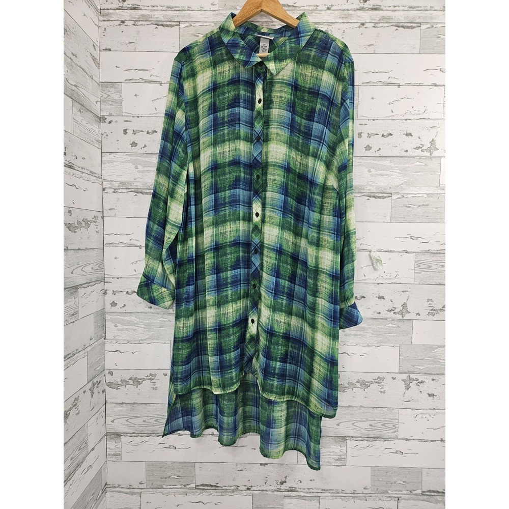 Catherines Womens 2X 22/24W Green Blue Plaid High Low Tunic Button Down Shirt